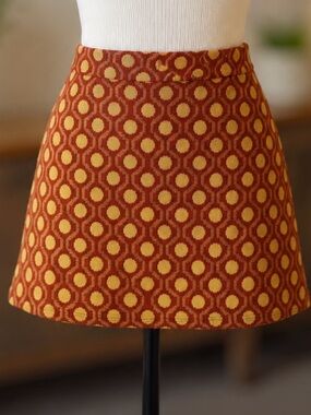 Zara Retro Geometric Knit Mini Skirt | Rust & Mustard A-Line | Mod Style